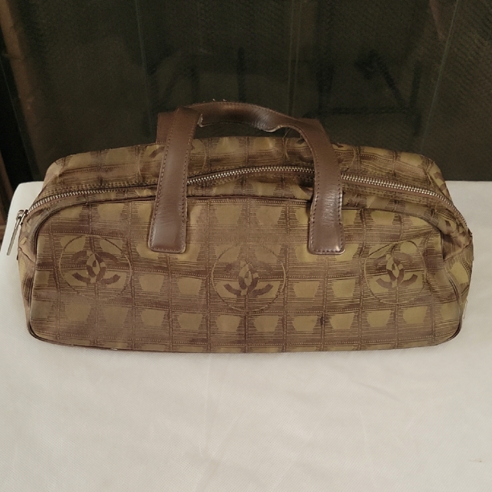 Authentic CHANEL Brown Jacquard Satchel Travel Bag